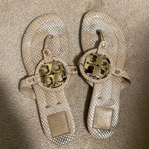 Stunning Tory Burch reptile embossed  Miller sandal with gold TB medallion logo